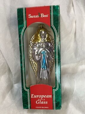 European Style Glass Hand Blown Angel Santa's Best Ornament 1995 Boxed